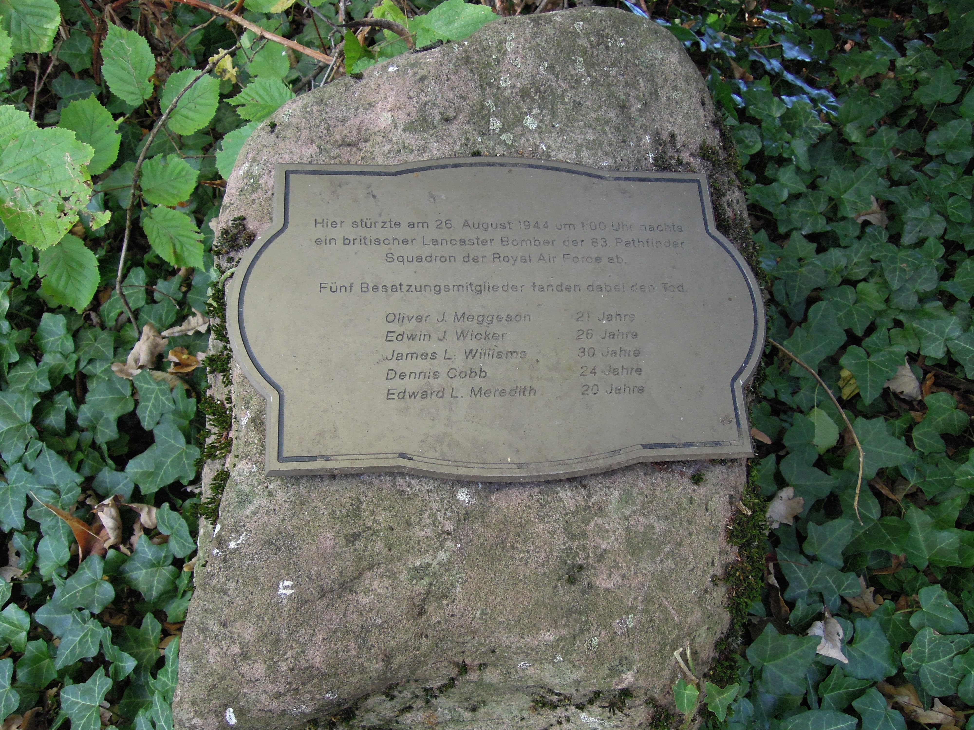 Gedenkstein am nördlichen Schloßweiher - Erinnert an den Absturz eines englischen Bombers
